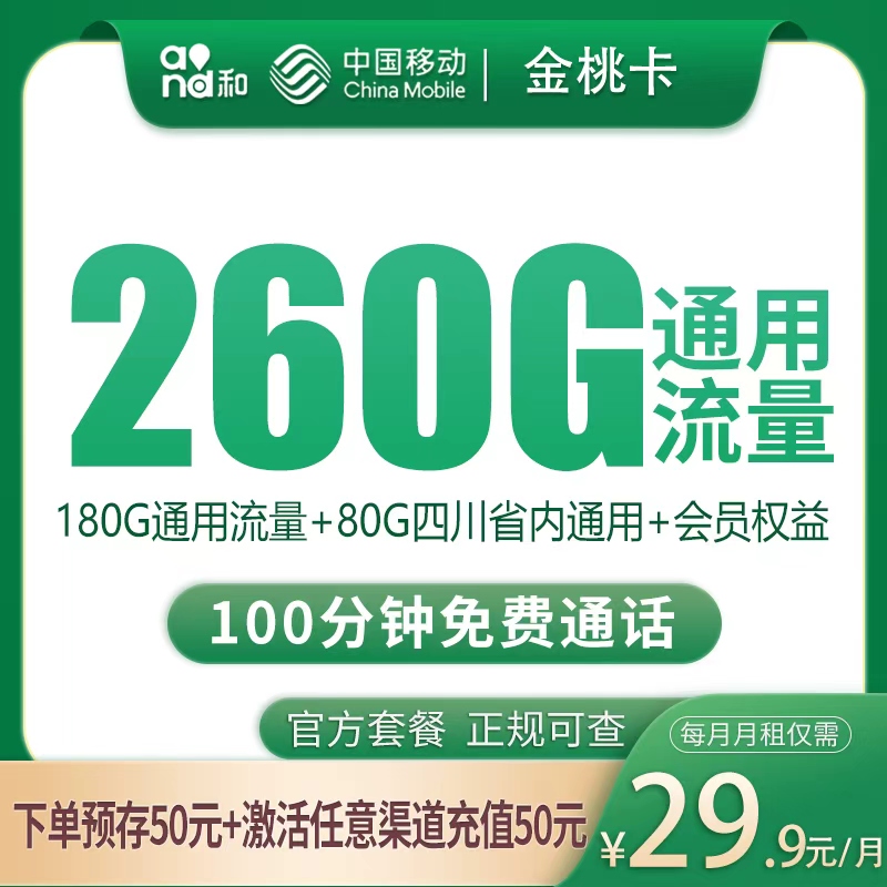 移动金桃卡29.9元260G+100分钟【只发四川】